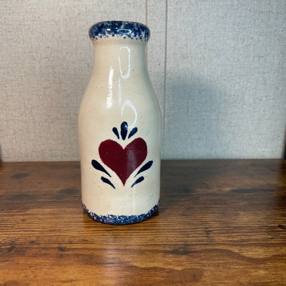 Cottage Co(obscured) USA Stoneware Milk Bottle Vase Red Heart Blue Spongeware